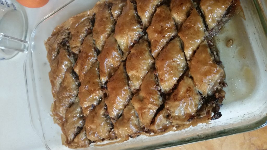 A photo of a panful of fig brandy baklava